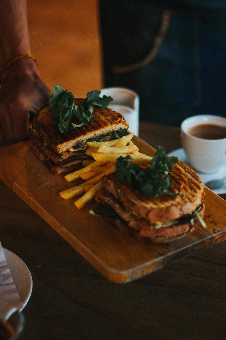 Grilled Cheese Recipe - Grilled Cheese Club Sandwich with Arugula and Fries